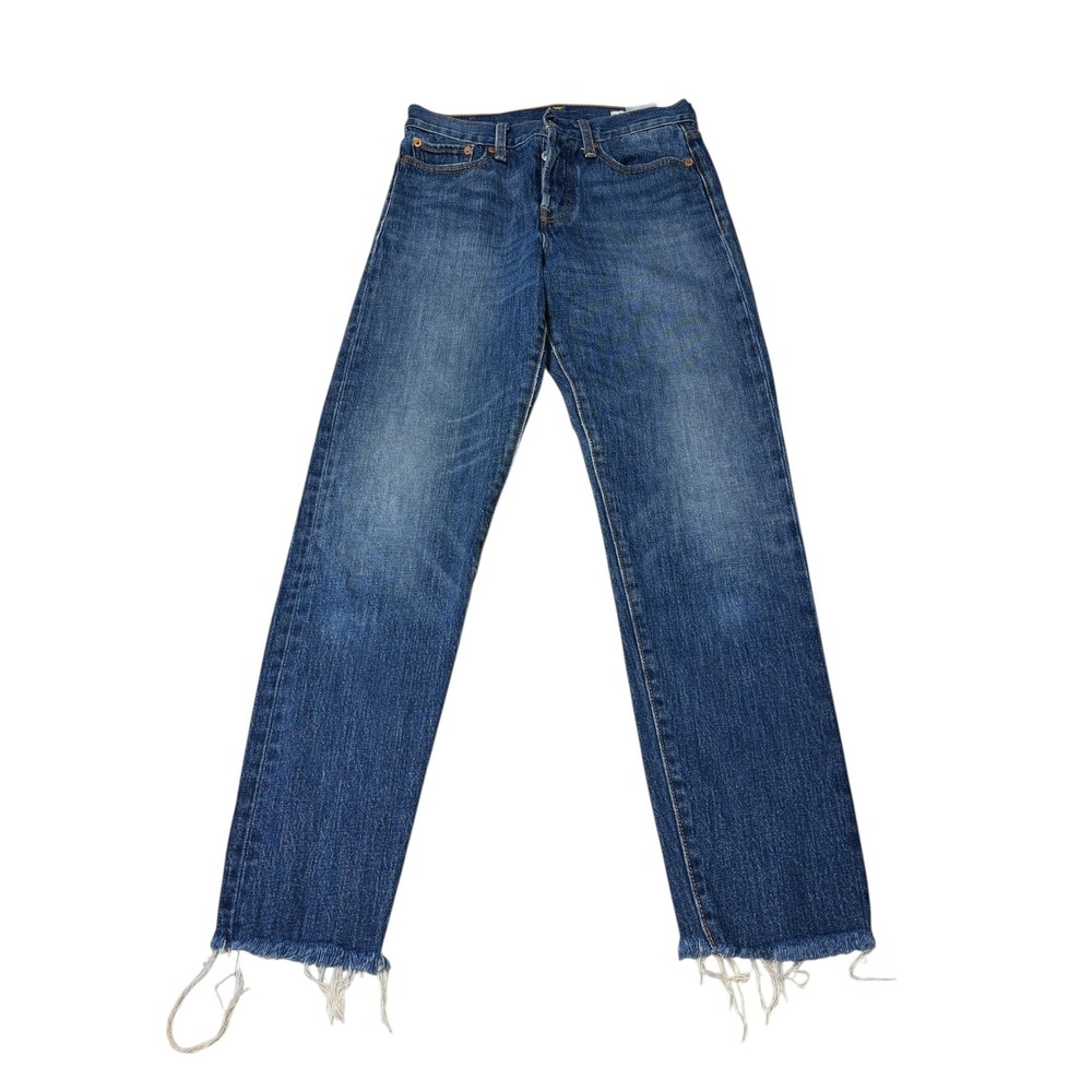 Levis 501 White‎ Oak Cone Denim Raw Hem Straight Leg Jeans Blue Womens 27X28